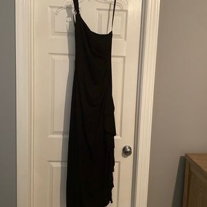 Black one shoulder dress with split on side